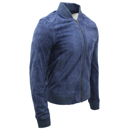 (M) Mens Ocean Blue Goat Suede Leather Bomber Jacket 1