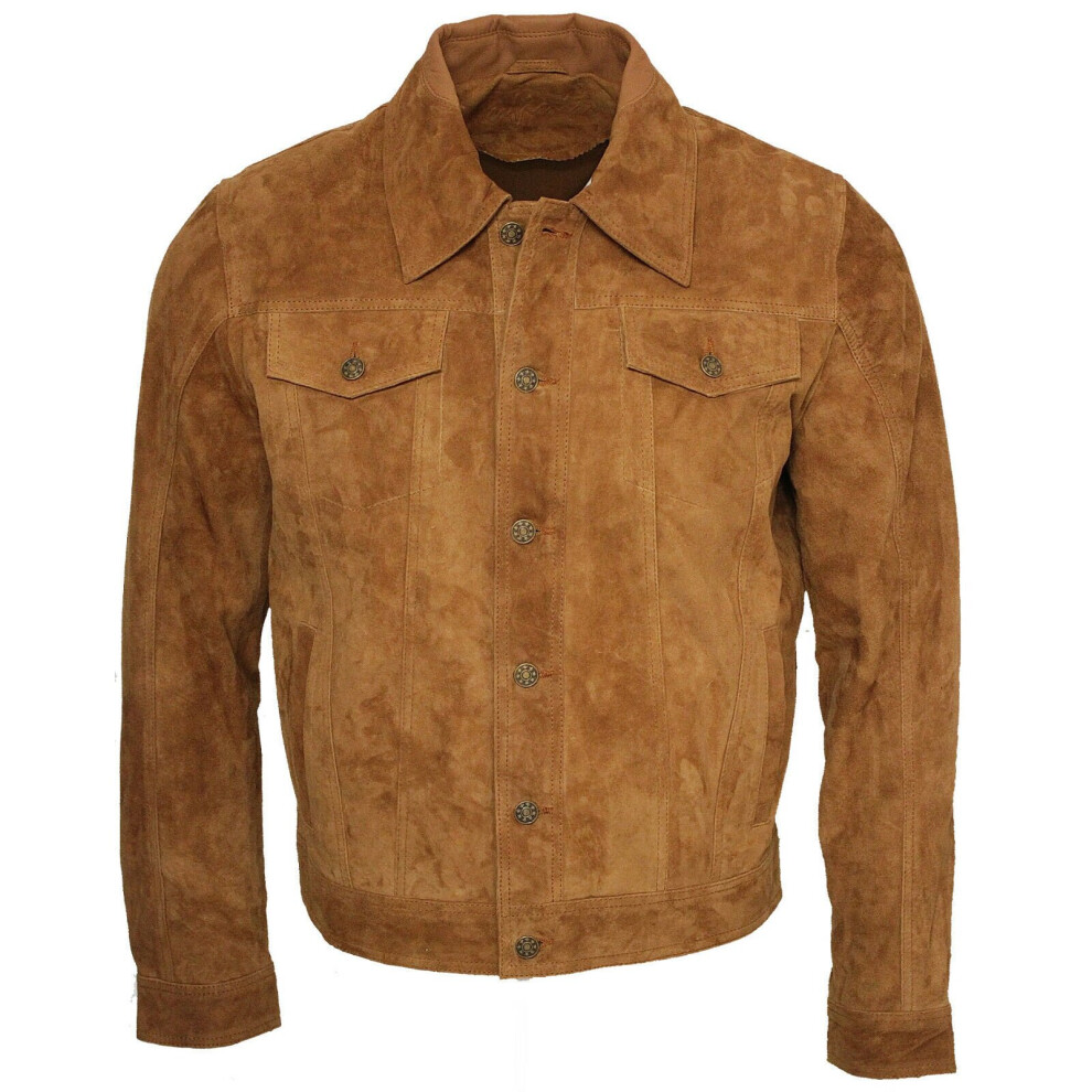(S) Mens Trucker Tan Suede Leather Shirt Jeans Jacket