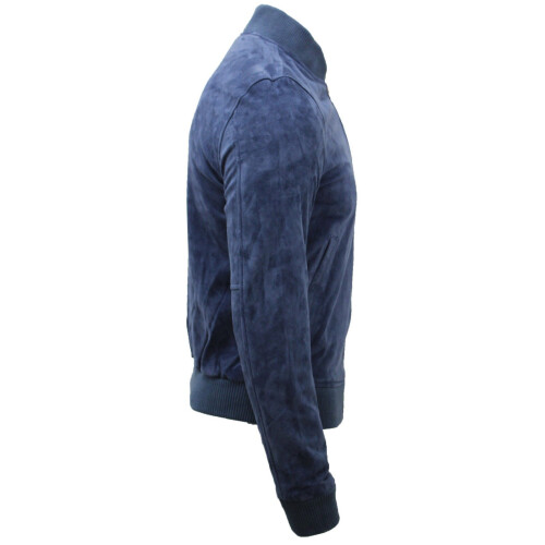 (M) Mens Ocean Blue Goat Suede Leather Bomber Jacket 2