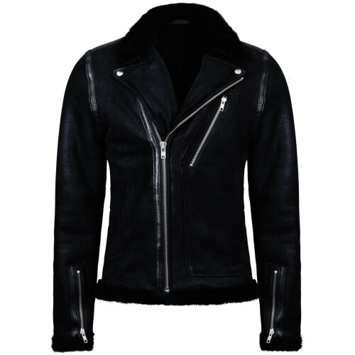 (3XL) Mens Shearling Sheepskin Leather Biker Jacket