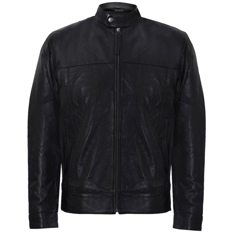 (3XL) Mens Leather Mandarin Collar Black Biker Jacket