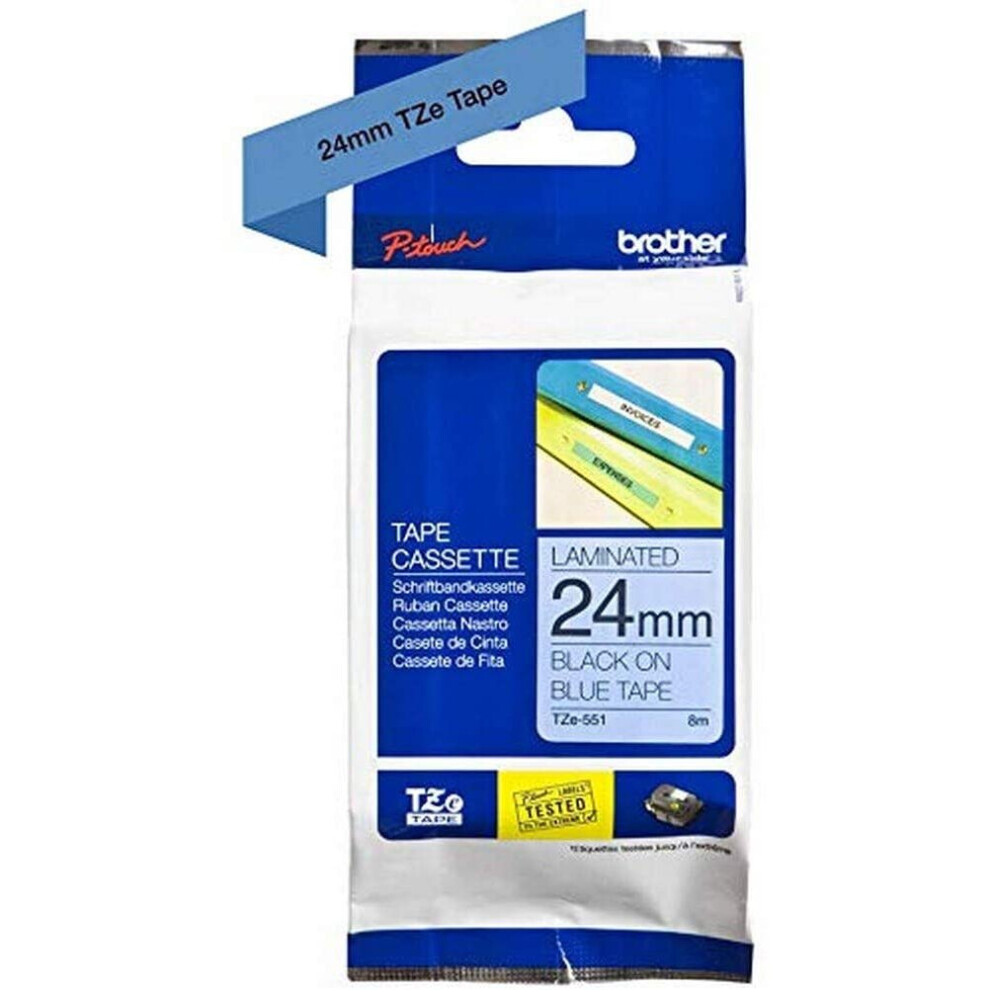 Brother TZe-551 Labelling Tape Cassette, 24 mm (W) x 8 m (L), Laminated, Brother Genuine Supplies - Black on Blue