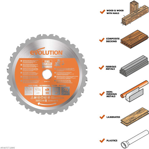 Evolution Power Tools R185TCT-20MS (Rage) Multi-Material TCT Blade Cuts Wood, Metal and Plastic, 185 mm 1
