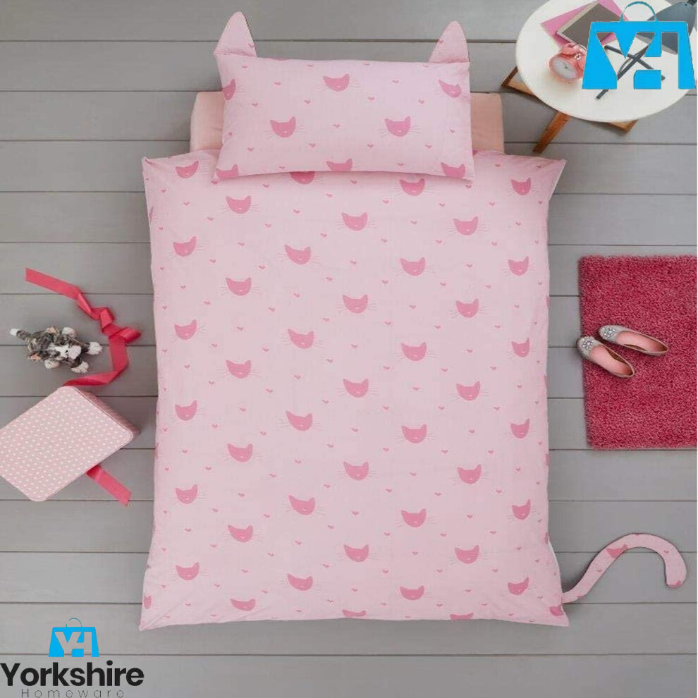 Yorkshire Homeware Ltd (Cat Shaped) Disney Cartoon Animal Character Kids Shaped Single Reversible Duvet Cover With Pillowcase Bedding Sets Pink