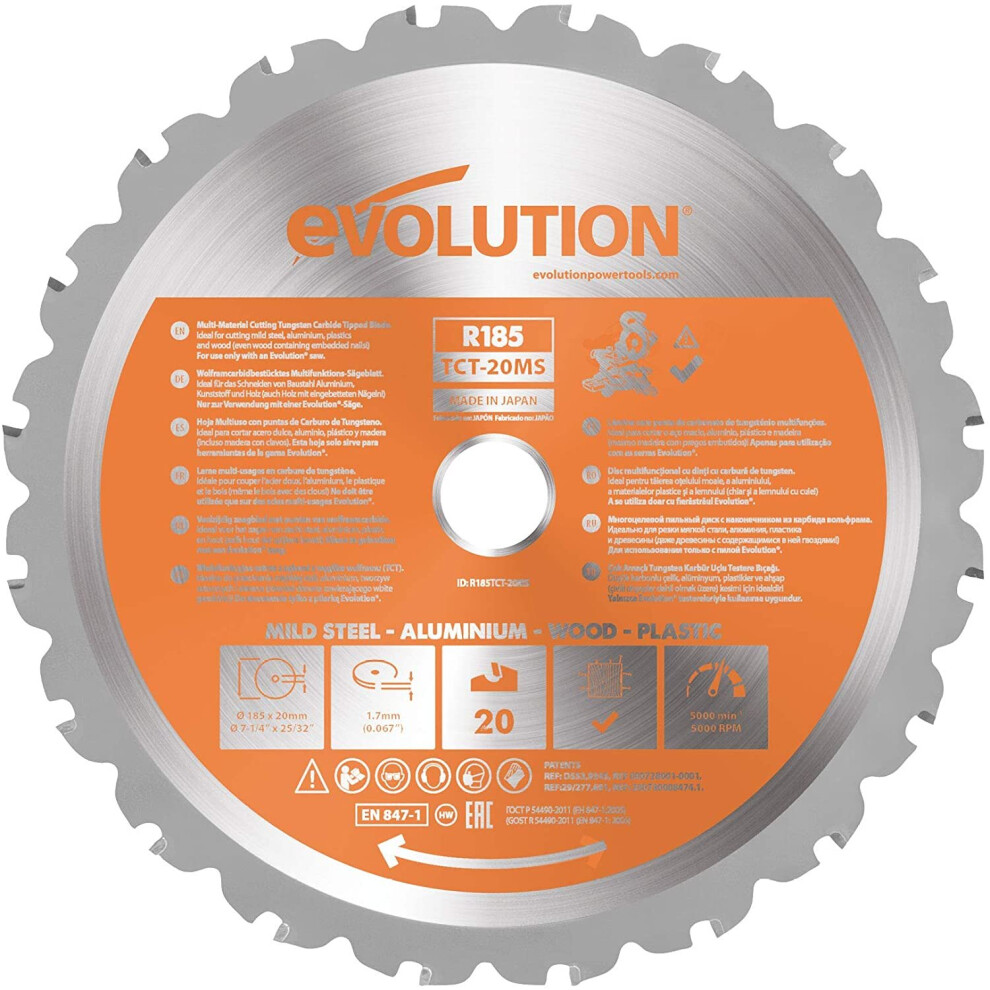 Evolution Power Tools R185tct-20Ms (Rage) Multi-Material Tct Blade Cuts Wood, Metal And Plastic, 185 Mm 849713081797