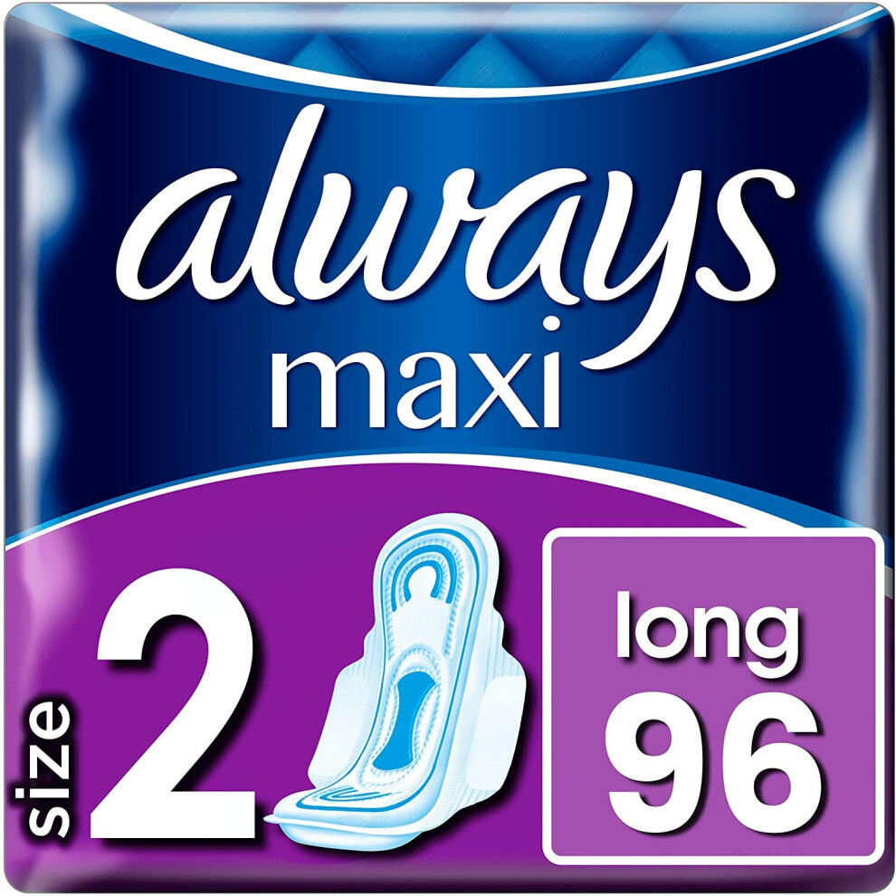 Always Maxi Long (Size 2) Sanitary Towels With Wings 96 Pads Anti-leakage Barriers, Protection & Comfort