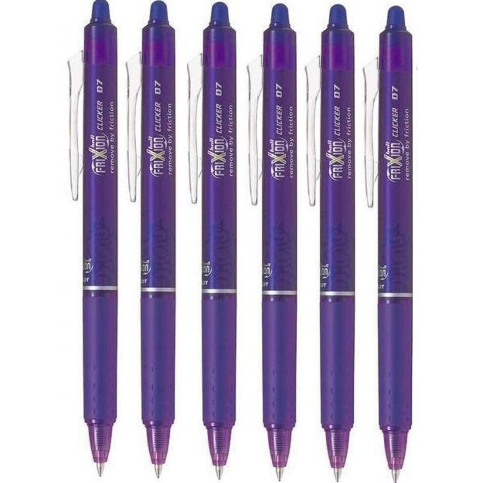 Pilot Purple / Violet Frixion Clicker Retractable Fine Rollerball Erasable Pens Pen 0.7mm Nib Tip 0.35mm Line BLRT-FR7 (Pack Of 6)