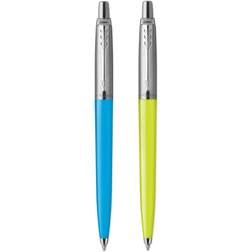 Parker Jotter Originals Ballpoint Pens | Pop Art Collection | Lime and Sky Blue with Chrome Trims | Medium Point | Blue Ink | 2 Count