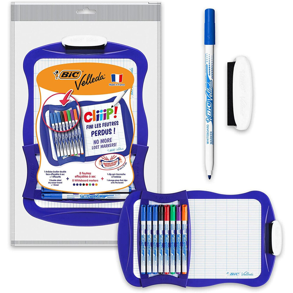 BIC Velleda Cliiip Whiteboard Set 21 x 31 cm Wiper 8 Erasable Markers Assorted Colours