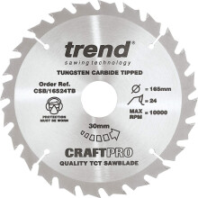 Trend CSB/16524TB Craft Pro Thin Kerf TCT Circular Saw Blade, Tungsten Carbide Tipped, 165mm x 24 Teeth x 30 Bore