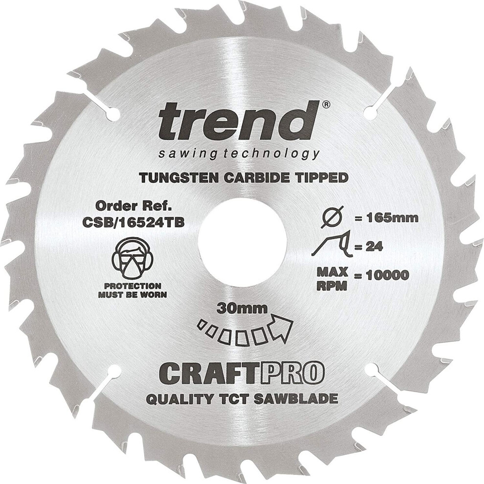 Trend CSB/16524TB Craft Pro Thin Kerf TCT Circular Saw Blade, Tungsten Carbide Tipped, 165mm x 24 Teeth x 30 Bore