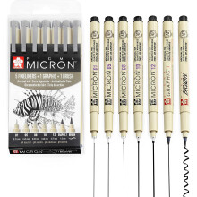Sakura Pigma Micron - Pigment Fineliner Pens - 01//05/08/10/12/Graphic/Brush - Wallet of 7 - Black Ink