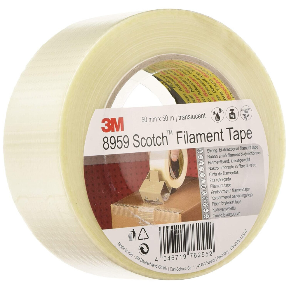 3M Scotch De272958237 Bi-Directional Filament Tape Heavy Duty Tape, 50 Mm X 50 M, Translucent