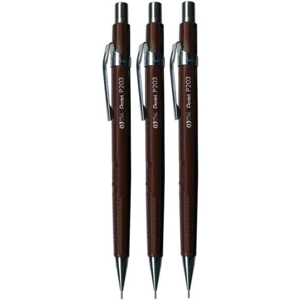 Pentel 0.3mm (P203) Brown P200 Series Automatic Mechanical Draughting Pencil Refillable Lead Eraser P203-E (Pack Of 3)