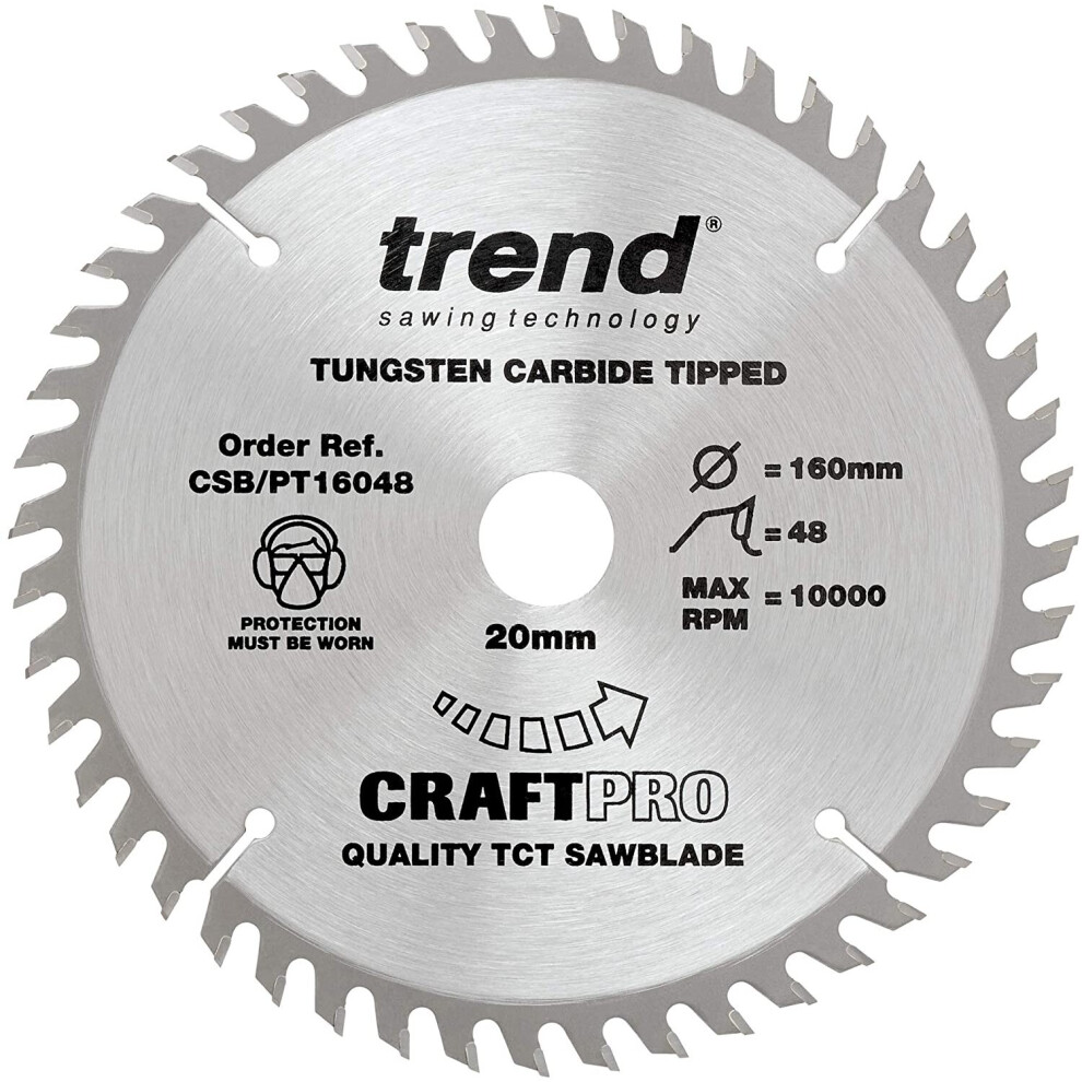 TREND CSB/PT16048 Craft Pro Super Fine Finish TCT Circular Blade Ideal for Festool, Scheppach, Mafell Plunge Saws, Tungsten Carbide Tipped, 160mm x 48