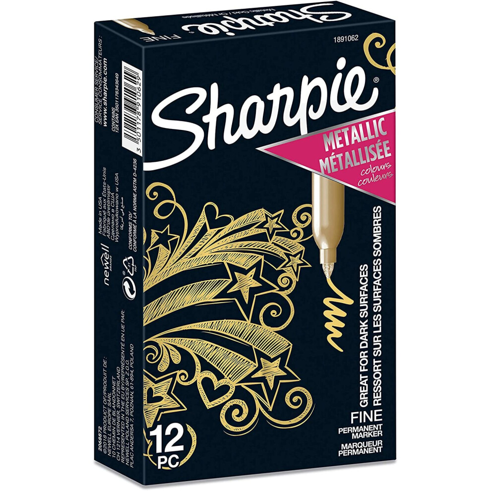 Sharpie Metallic Permanent Markers | Fine Point | Gold | 12 Count