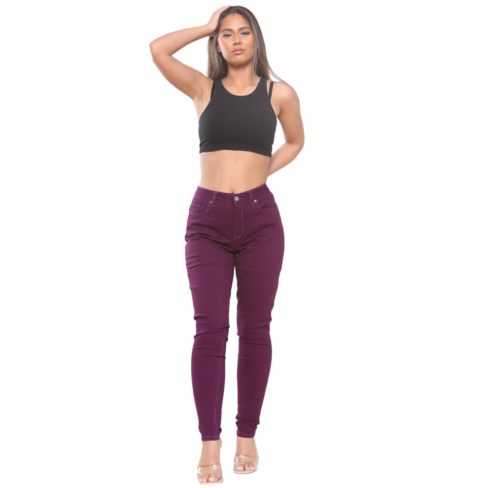 (Wine - ST1, 18) Ladies Denim Jeans High Waist Skinny Trouser Pants