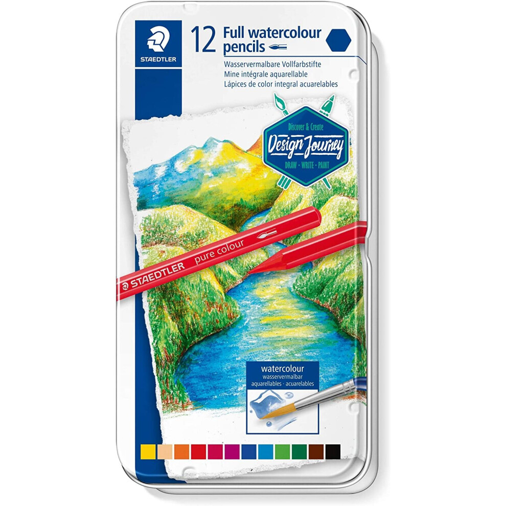 Staedtler Design Journey Full Watercolour 14610G Pencils Metal Box 12 Assorted Colours