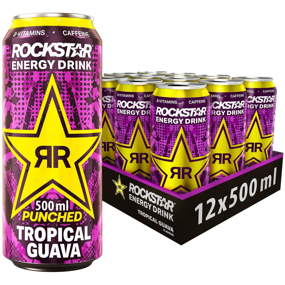 Rockstar, Punched Energy Drink Tropical Caffeinated Drink with Taurine Guarana Ginseng BVitamins 500 ml cans, Guava (Pack of 12)