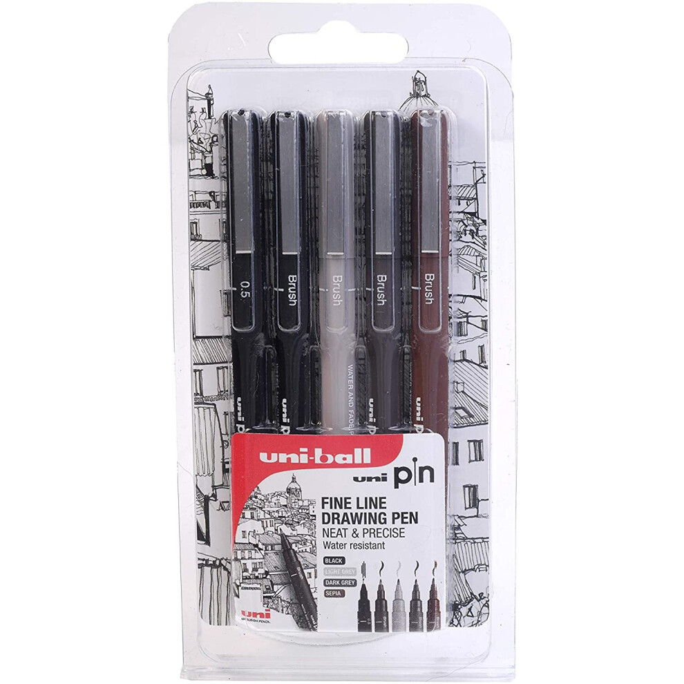 uni-PIN 5pc clampack set, Black Fine Line 0.5mm pen and 4 Brush Tip pens in assorted colours (Black/Sepia/Light grey/Dark grey)