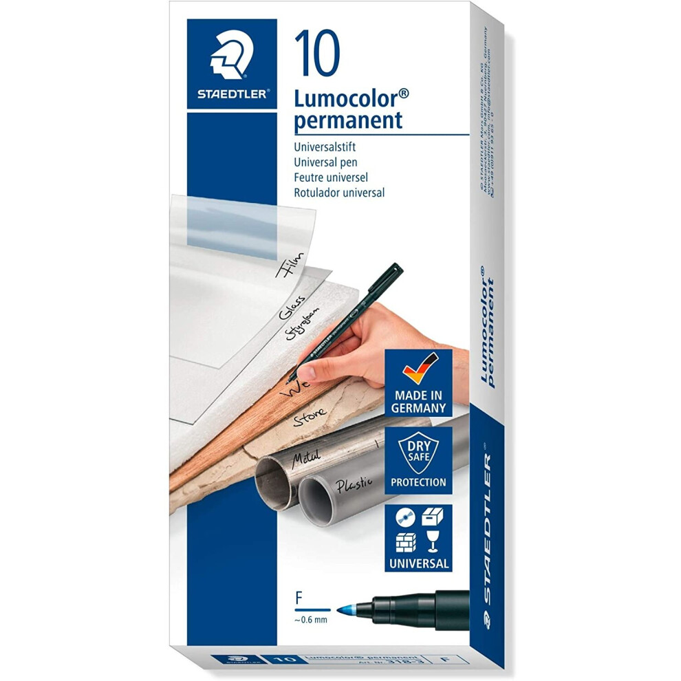 Staedtler 318-3 Lumocolor Universal Permanent Fine Pens - Blue, Pack of 10