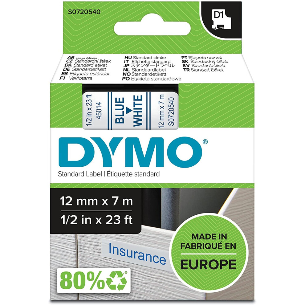 Dymo D1 Labels, Print On 12Mm X 7M, Self-Adhesive Labels For Labelmanager Label Printers, Authentic Blue/White
