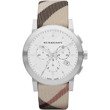 Burberry BU9357 The City Haymarket Check Stoff Herrenuhr - 42 mm Edelstahl, silbernes Zifferblatt, Lederarmband