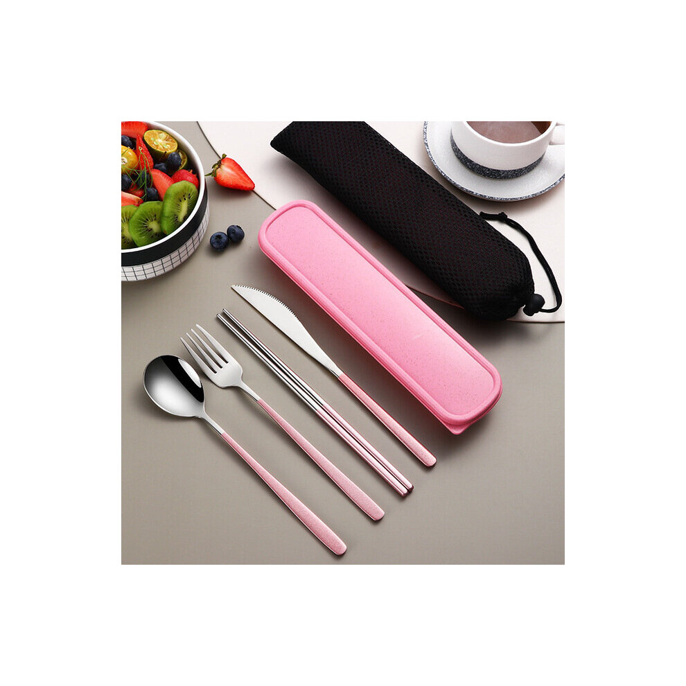 ( Pink-Silver) 304 Portable Cutlery Set Dinnerware Set High Quality Stainless Steel Knife Fork Spoon Eco Friendly Travel Flatware With Box Bag