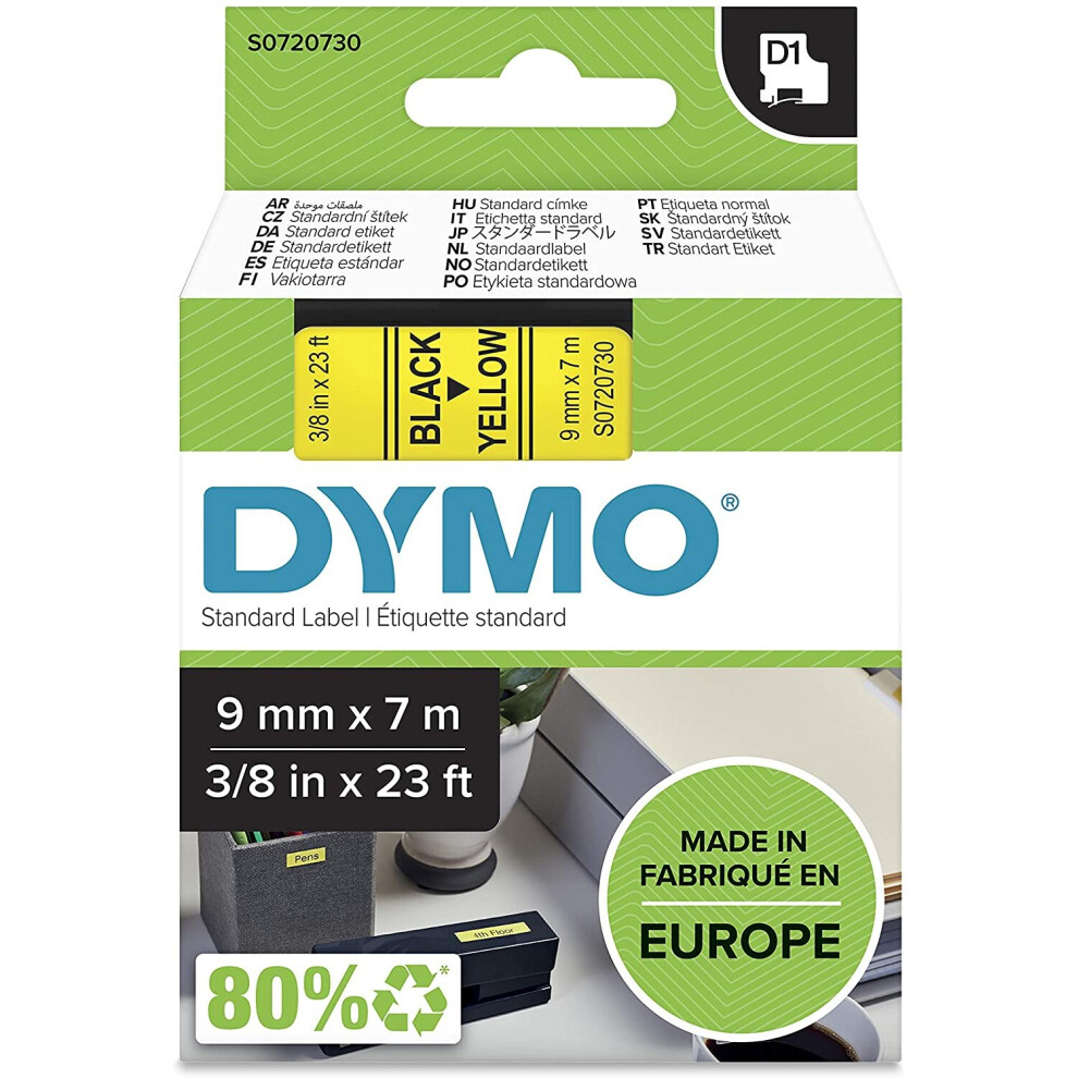 DYMO D1 Labels, 9 mm x 7 m Roll, Black Print on Yellow, Self-Adhesive Labels for LabelManager Label Printers, Authentic