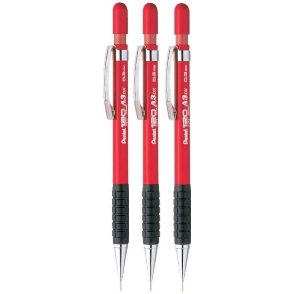 Pentel 0.3mm (A313-B) Red 120 DX Automatic Mechanical Pencil Refillable Lead Capped Metal Clip Rubber Grip (Pack Of 3)