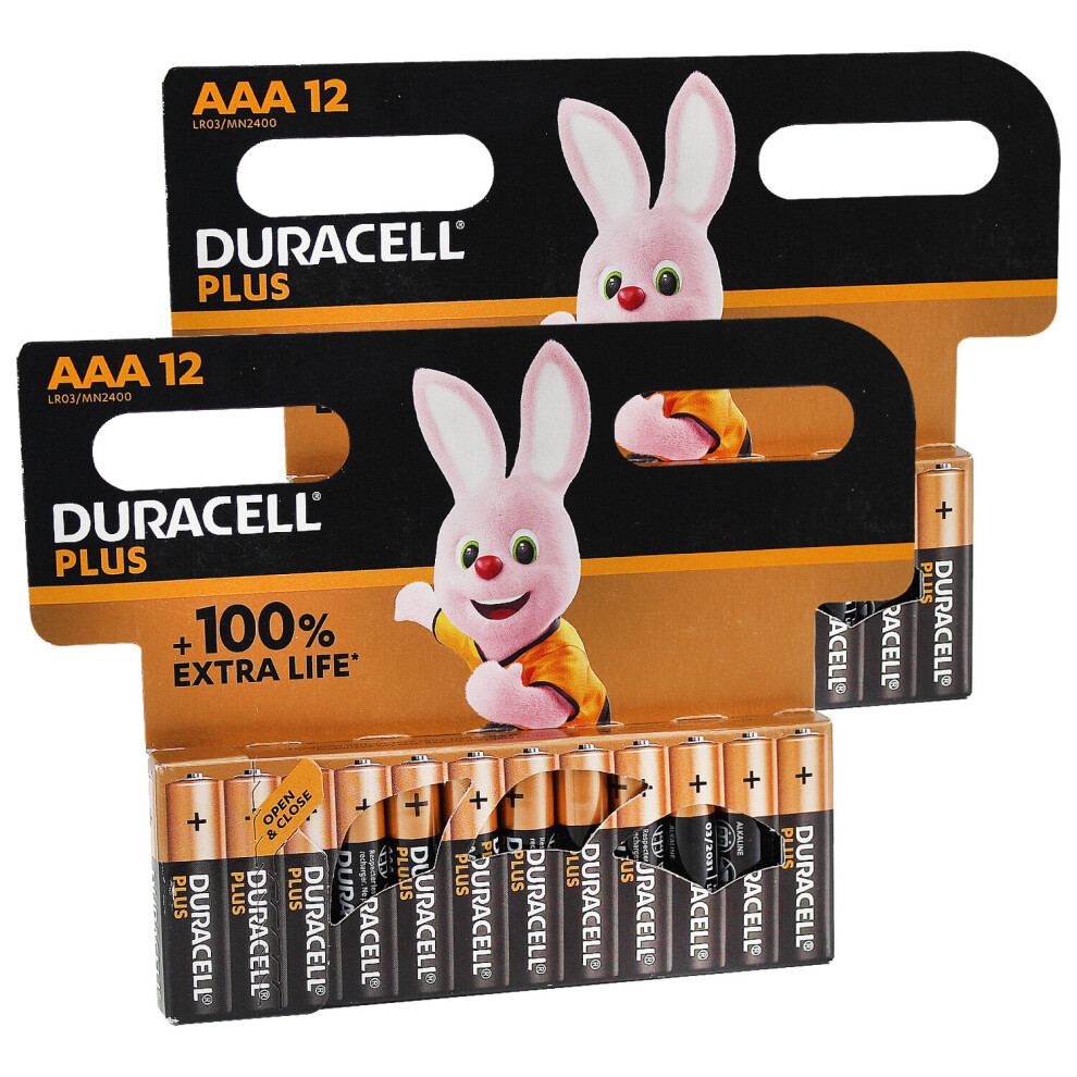 (24) Pack 12 Duracell Plus AAA Alkaline Power Battery 1.5v LR3 MN2400 100% Extra Life