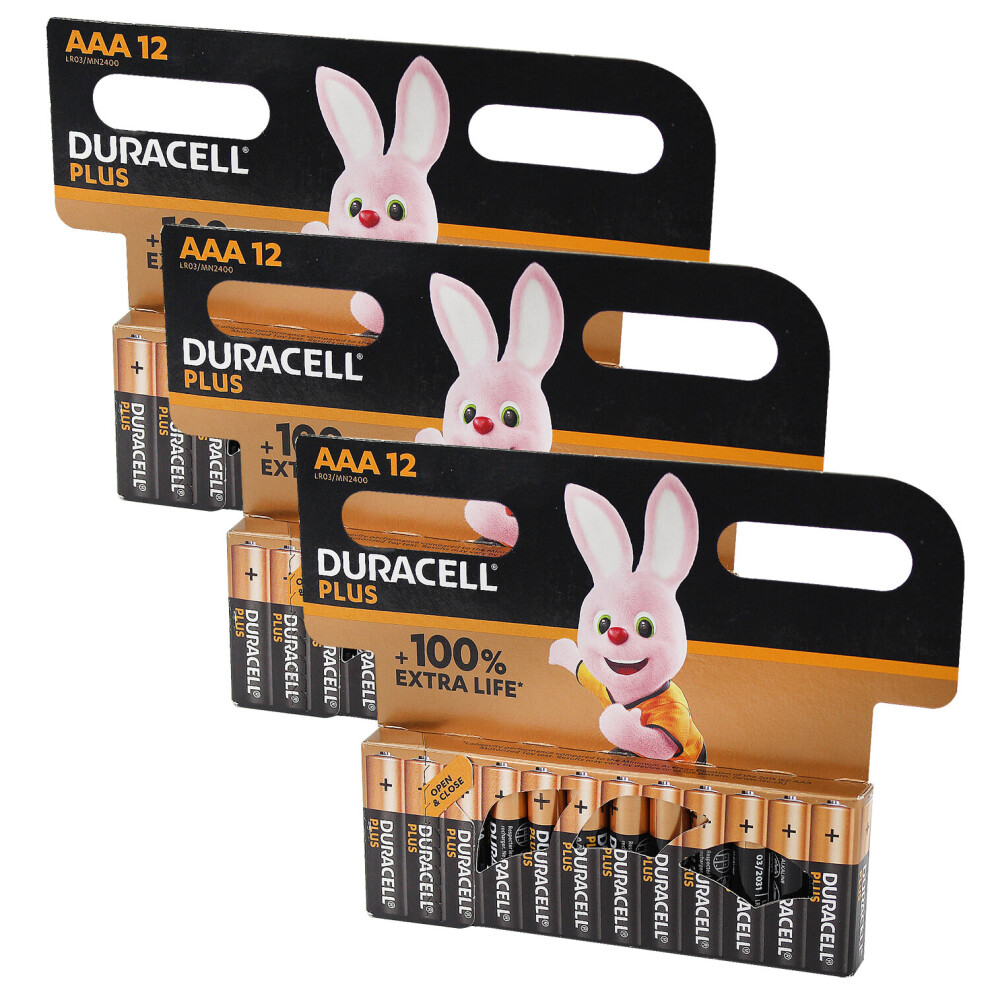 (36) Pack 12 Duracell Plus AAA Alkaline Power Battery 1.5v LR3 MN2400 100% Extra Life