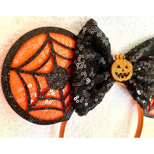 Disney Minnie Mouse Black sequence glitter pumpkin web orange ears headband 1