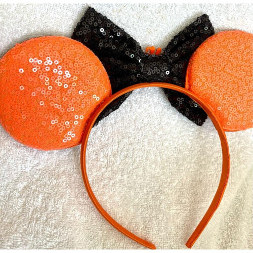 Disney Minnie Mouse Black sequence glitter pumpkin web orange ears headband 2