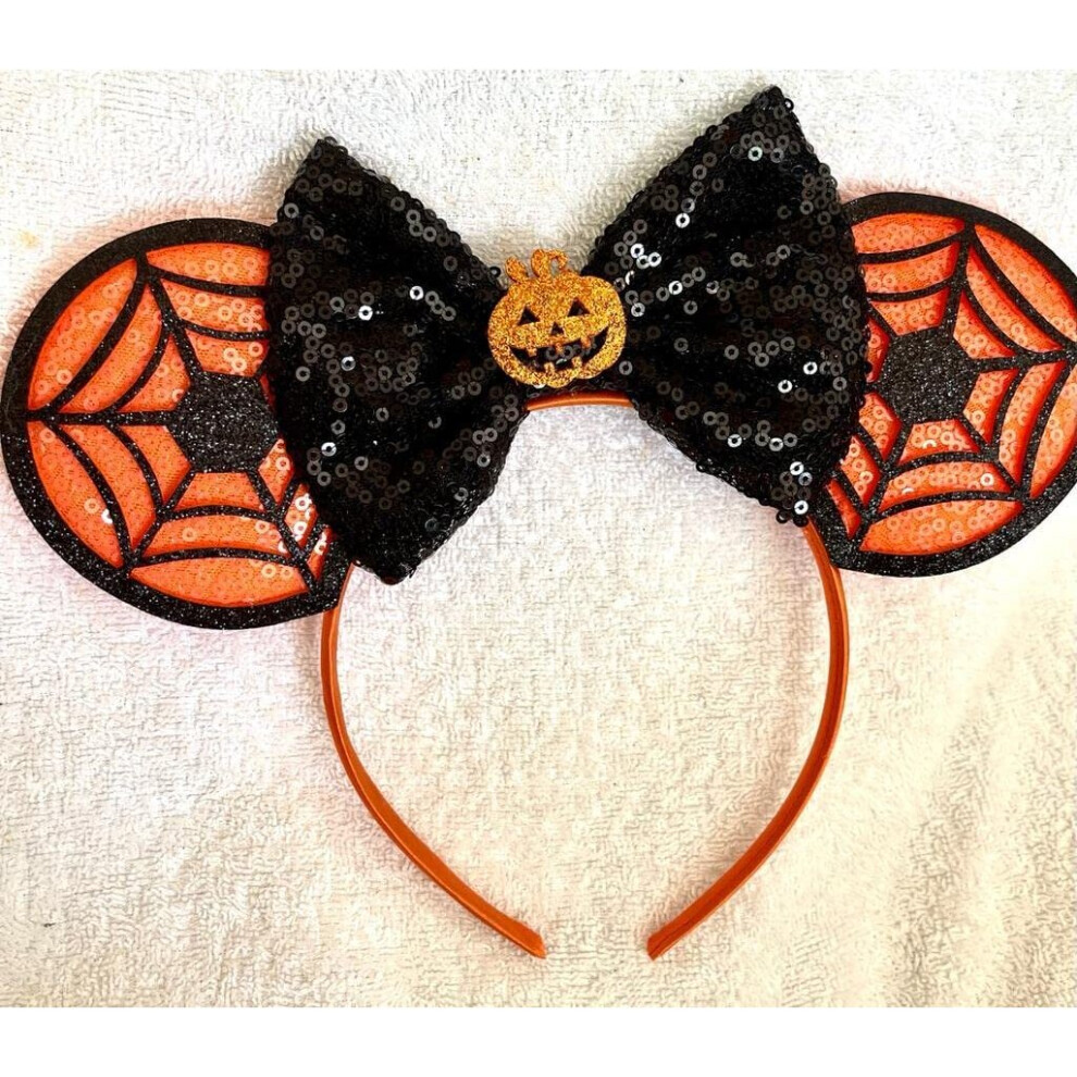 Minnie Mouse Black Sequence Glitter Pumpkin Web Orange Ears Headband