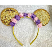 Minnie Mouse Gold sequence glitter Pink floral ears headband Halloween