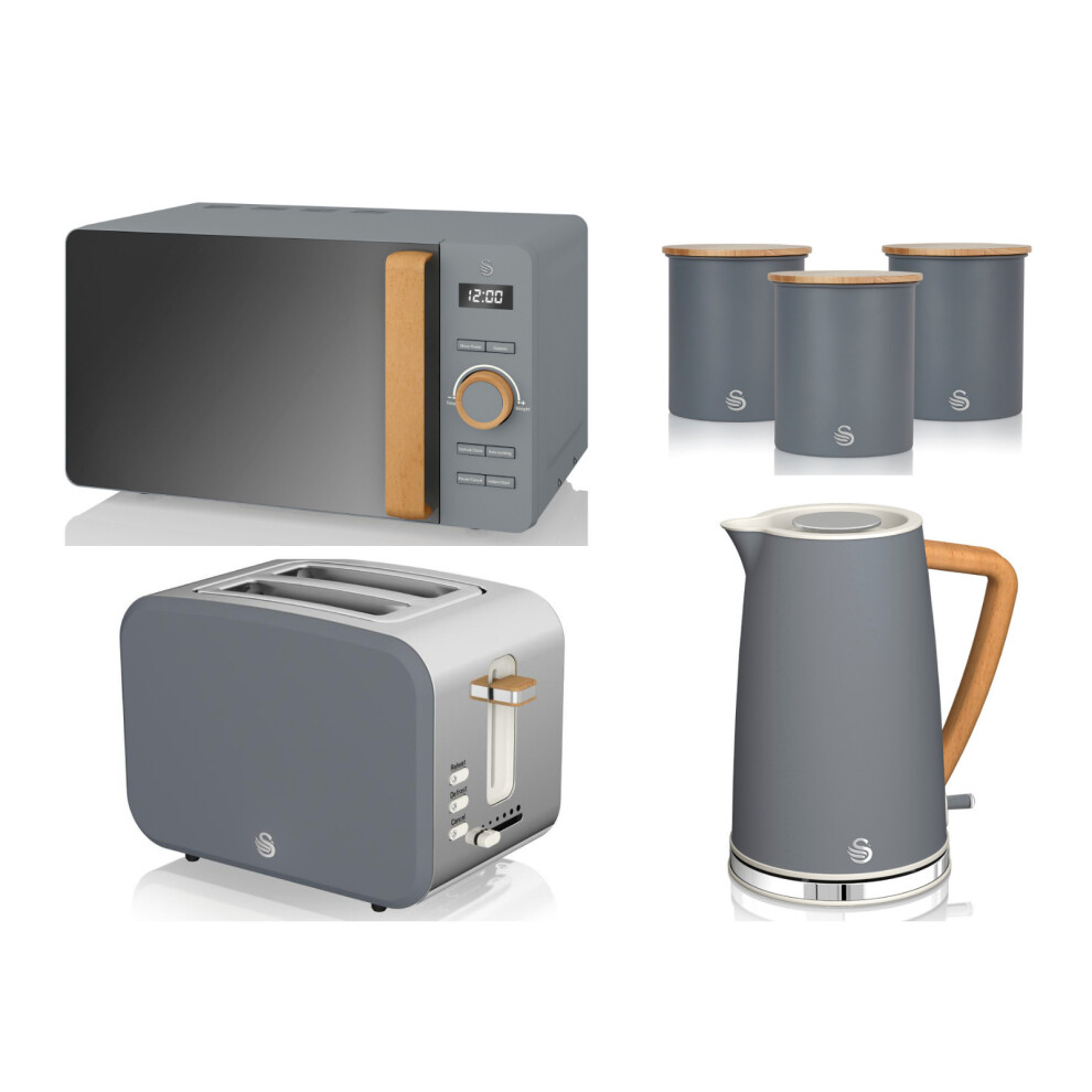 Swan Nordic Grey Kettle, 2 Slice Toaster, Microwave & Canisters Set