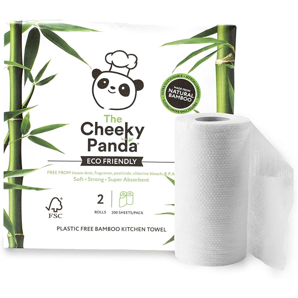 The Cheeky Panda Naturally Sustainable Plastic-Free Kitchen Roll, 100% Bamboo, Pack of 2, Eco-Friendly, Biodegradable, 200 Sheets per pack,