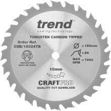 Trend CSB/15024TB Craft Pro Thin Kerf TCT Blade Ideal for Einhell TE CS18LI PXC Circular Saws, 150mm x 24 Teeth x 10mm Bore, Tungsten Carbide Tipped