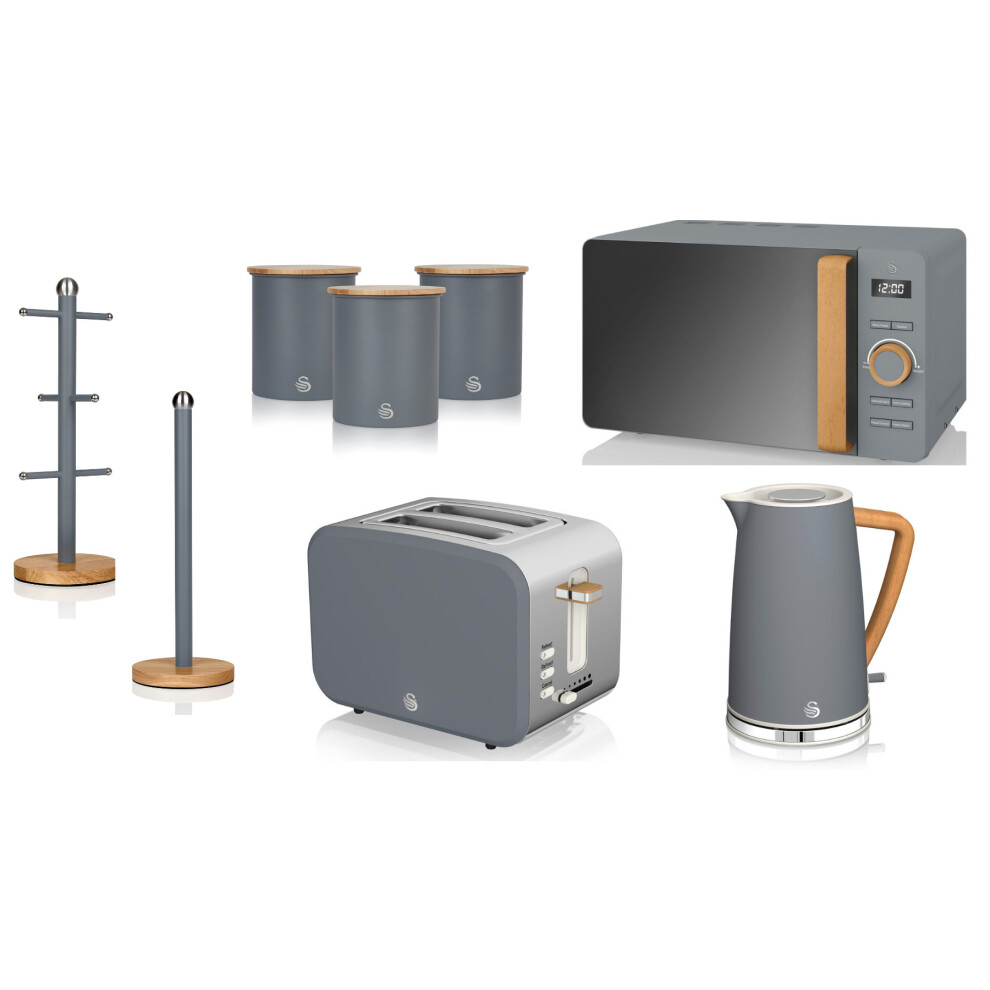 Swan Nordic Kettle, 2 Slice Toaster, Microwave, Canisters, Mug Tree & Towel Pole Grey