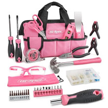 Hi-Spec 34 Piece Pink Home DIY Tool Kit Set. General Hand Tools for Easy Household Repair. Complete with a 100 Piece Wall Hanging Kit and a
