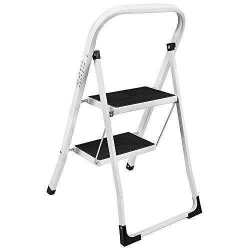 2 Step Steel Portable Folding Heavy Duty Ladder, Compact Folding Metal Stepladder Stool 2