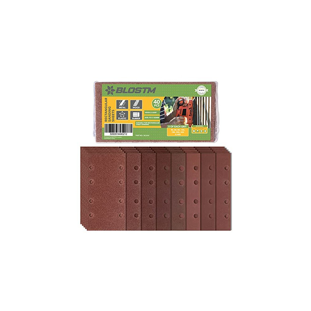 Blostm 40Pcs Sandpaper For Electric Sander - Hook And Loop Sanding Pads Assorted 40/60/80/120/ 180/240/320/400 Grit Fit Rectangular Electric San 5060914440212
