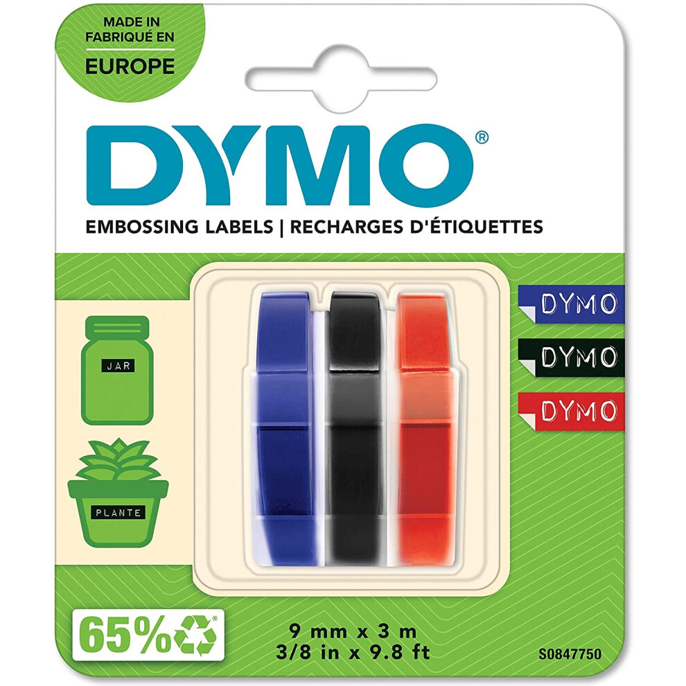 DYMO Embossing Label Tape, Red, Green & Blue, 9mm x 3m Each, 3 Rolls