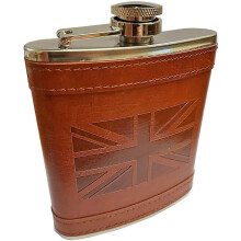 Stainless Steel Hip Flask with Union Jack Brown Leather Cover, British Collectable