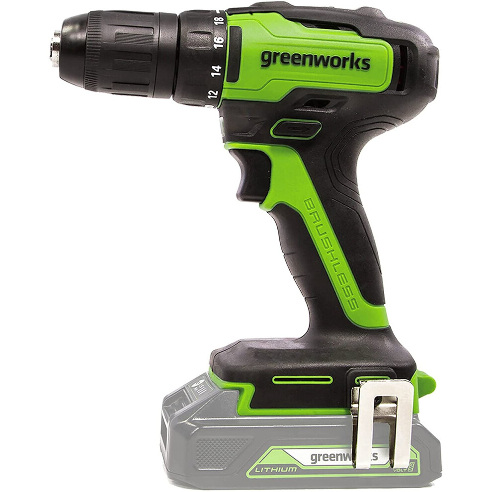 Greenworks cordless and drill screwdriver GD24DD35 (Li-Ion 24V 35 N.m torque 1450 rpm 13mm shaft diameter powerful brushless motor without battery and