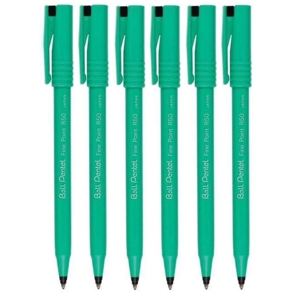 Pentel Black R50 Rollerball Ball Pen Pens Fine 0.8Mm Cushioned Nib Tip 0.4Mm Line Width 77% Recycled (Pack Of 6)