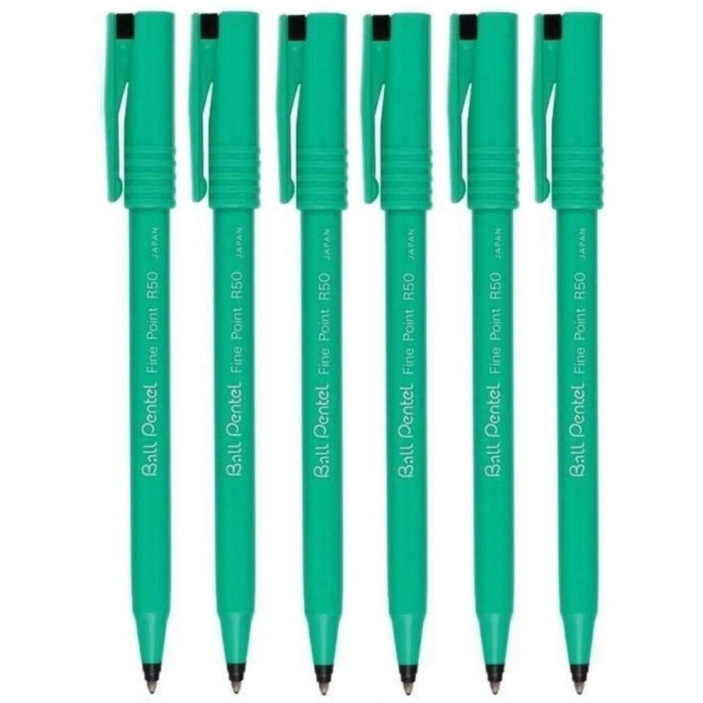 Pentel Black R50 Rollerball Ball Pen Pens Fine 0.8mm Cushioned Nib Tip 0.4mm Line Width 77% Recycled (Pack Of 6)