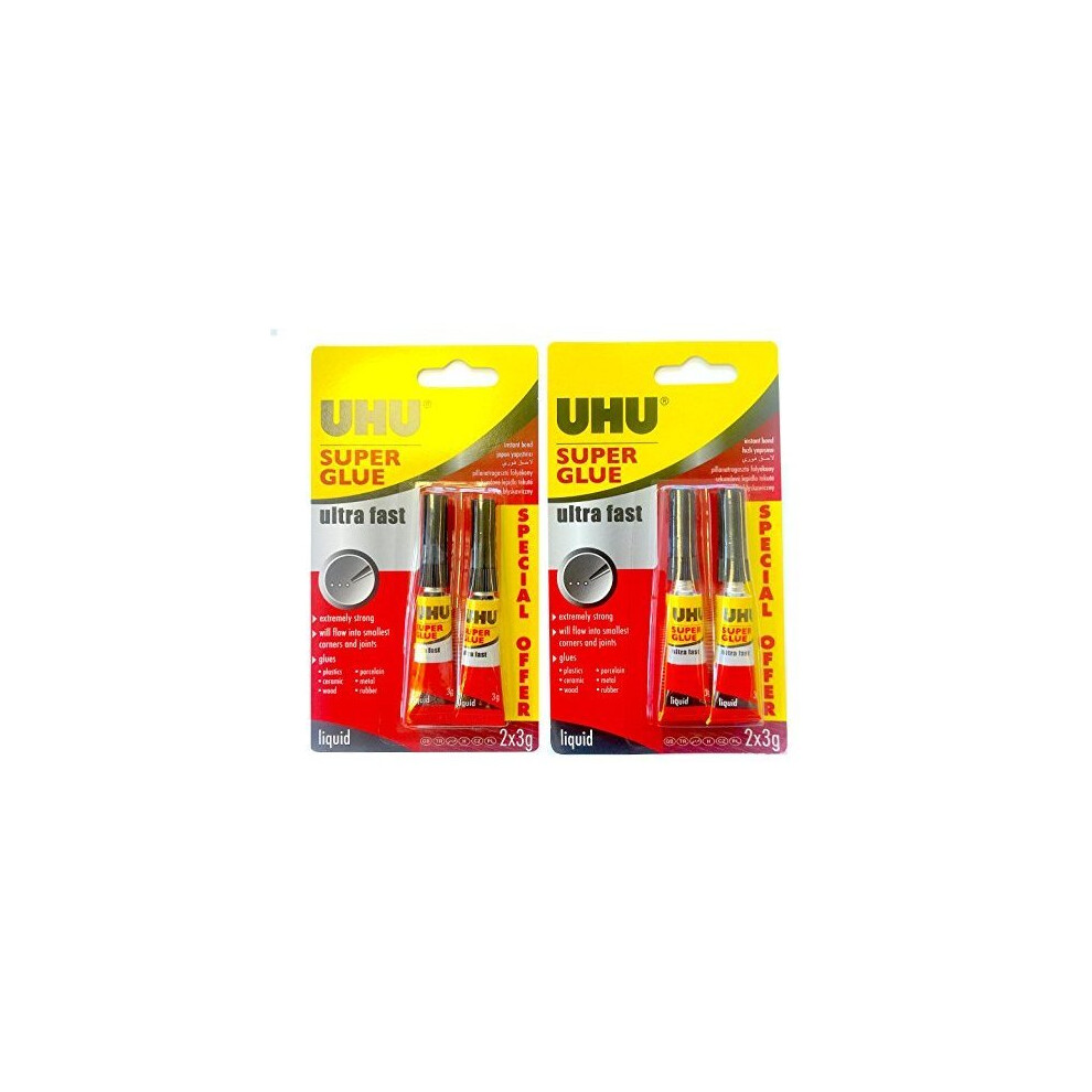 4 x UHU Super Glue Adhesive - Extra Strong - Ultra Fast - 3g Tube (2 Twin Packs)