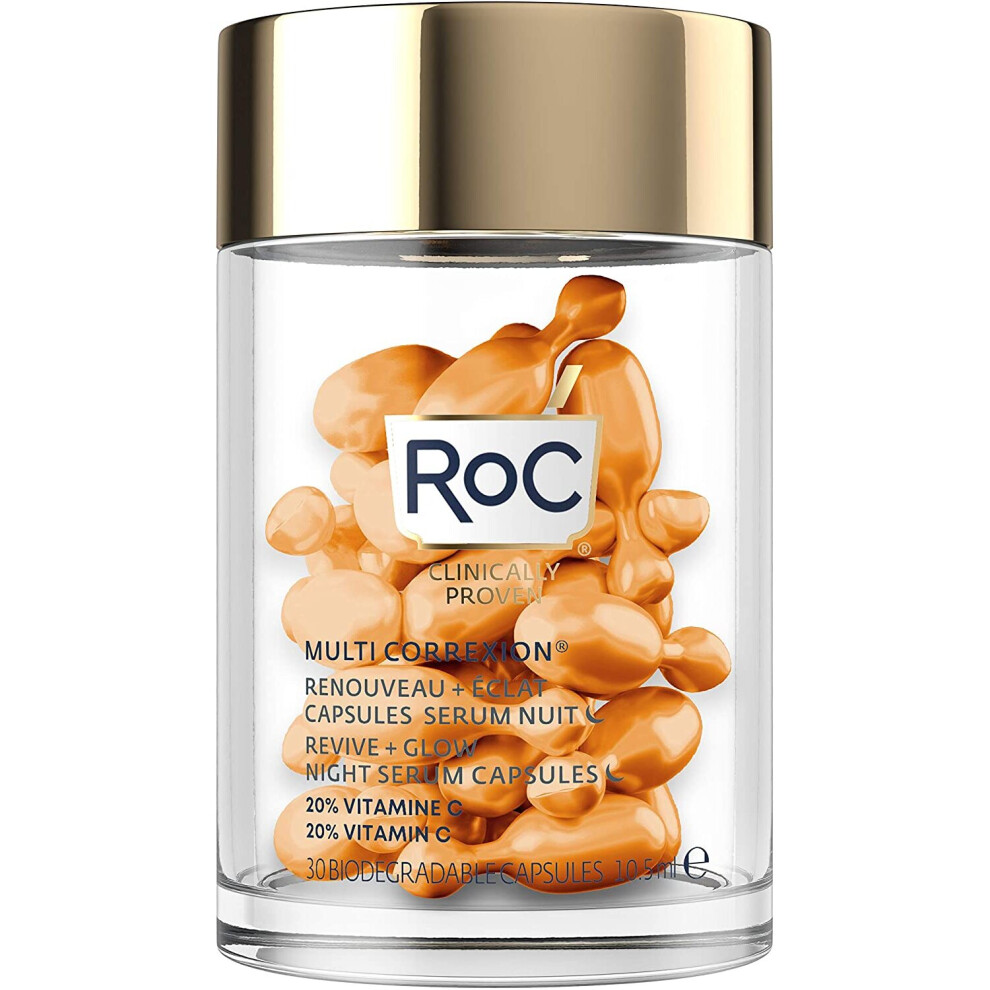RoC - MULTI CORREXION  Revive + Glow Night Serum - Anti-Wrinkle and Ageing - Vitamin C - Reduction of Dark Spots - 30 Capsules